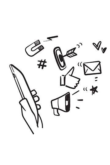 A hand holding a smartphone alongside a pen and various social media icons, symbolizing improtance of digital marketing for a business